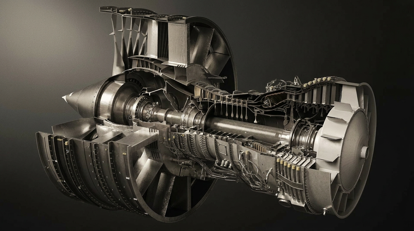 Cutaway view of an aviation turbofan engine showcasing turbine, shaft and combustor